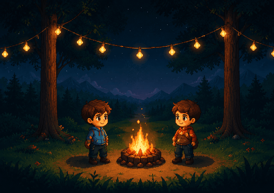 Two pixel characters around a campfire