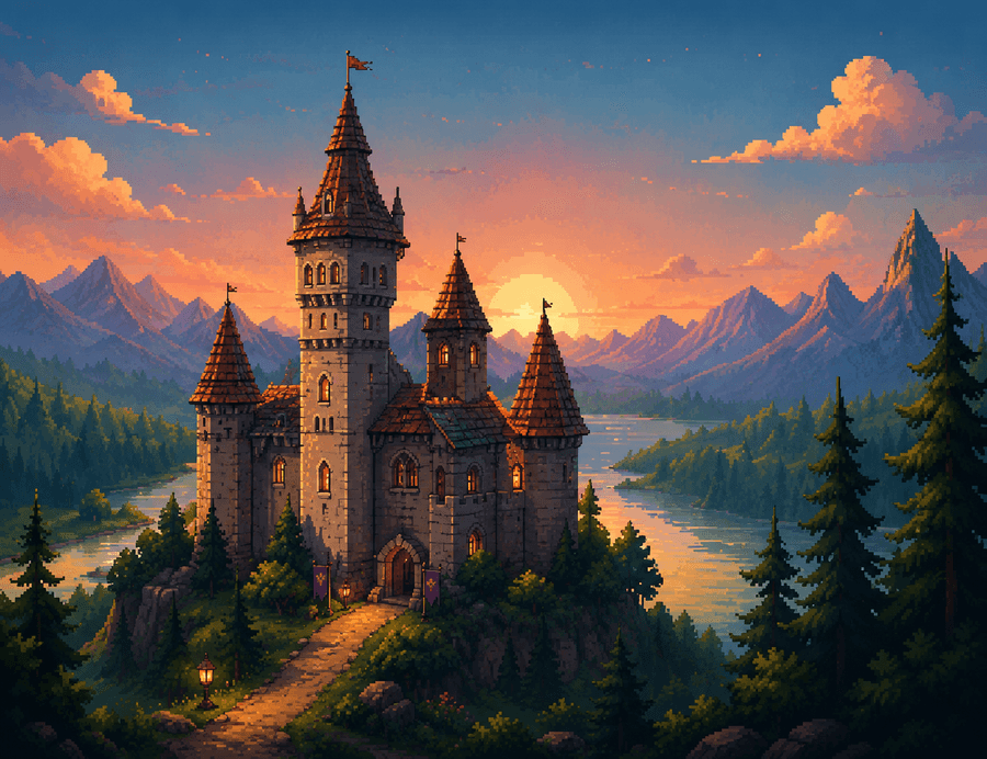 Pixel-art castle in the mountains