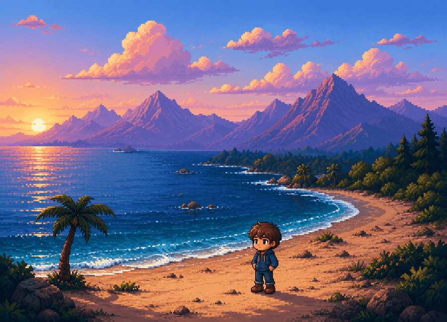 Pixel-art beach scene