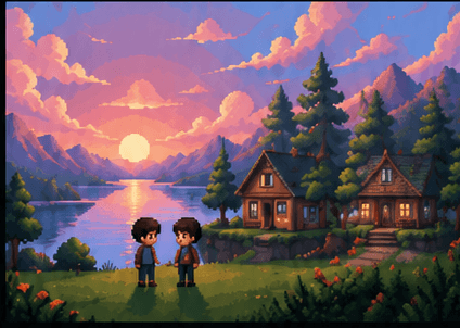 Pixel-art sunset scene featuring two characters near a lake