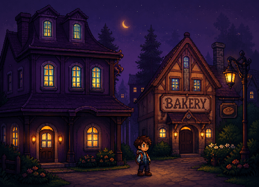 Pixel-art village at night